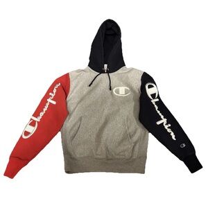 Champion Men's Heavyweight Reverse Weave Gray, Red, and Blue Hoodie, Size Medium